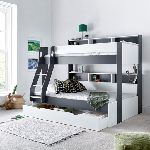 BedmasterOliver Grey and White Wooden Storage Triple Bunk Bed with Pull Out Drawer - Rest Relax