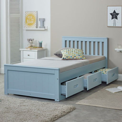 Blue wooden storage single cabin bed.