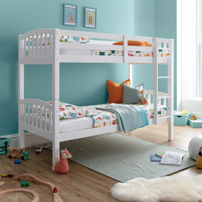 White wooden bunk single bed.