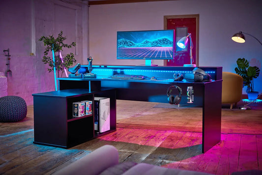Rest RelaxRest Relax Alpha Gaming Desk in Black with LED Lights L Shape - Rest Relax